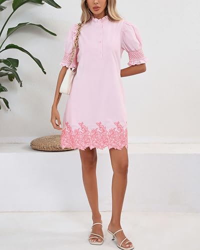 Women's Summer Embroidered Mini Dress Short Puff Sleeve Ruffle Collar Button Front Shift Dress