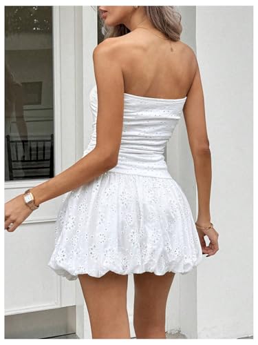 Women's Tube Bubble Dress Y2k Strapless Sleeveless Ruched Eyelet Embroidery A Line Mini Dresses