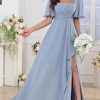 Square Neck Flutter Sleeve Bridesmaid Dresses for Women Long Slit A Line Chiffon Formal Evening Gown