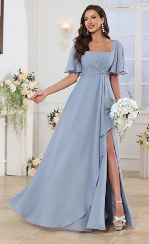 Square Neck Flutter Sleeve Bridesmaid Dresses for Women Long Slit A Line Chiffon Formal Evening Gown