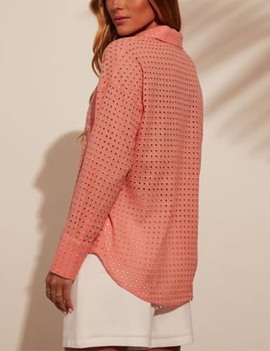 Women's Casual Button Down Shirts Dressy Hollow Out Long Sleeve Blouses Tops with Pockets