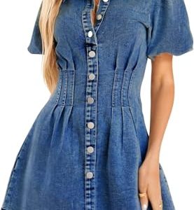 Summer Denim Dress for Women Puff Sleeve Slim Fit Jean Dresses for Women 2025 Casual