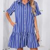 41HxmNDHMQL.jpg Women's Cotton Linen Ruffle Mini Dress Short Sleeve Button Down Drop Waist Tunic Shirt Dress
