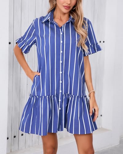 41HxmNDHMQL.jpg Women's Cotton Linen Ruffle Mini Dress Short Sleeve Button Down Drop Waist Tunic Shirt Dress