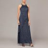 Women's Long Length Glitter Mesh Formal Gown with Beaded Halter Neckline, Wedding Guest, Prom Dress