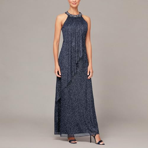 Women's Long Length Glitter Mesh Formal Gown with Beaded Halter Neckline, Wedding Guest, Prom Dress