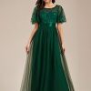 Women's Formal Dresses Crew Neck Sequin Ruffle Sleeve Empire Waist Beaded Long Evening Dresses 00904