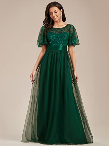Women's Formal Dresses Crew Neck Sequin Ruffle Sleeve Empire Waist Beaded Long Evening Dresses 00904