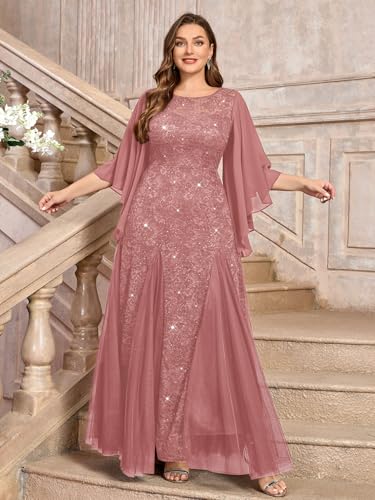 Women's Plus Size Sequins Lace with Ruffle Cape Cloak Sleeves Tulle Mermaid Hemline Evening Prom Long Dress