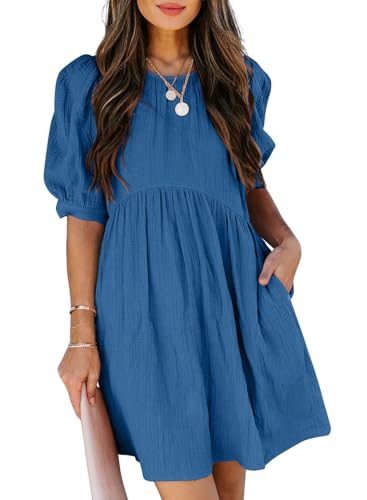 Womens Summer Crewneck Puff Sleeve Babydoll Elegant Empire Waist Mini Swing Skater Dresses with Pockets