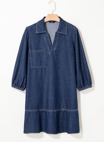 Denim Dress for Women Fashion Fall Casual Babydoll 2025 V Neck 3/4 Puff Sleeve Jean Dresses