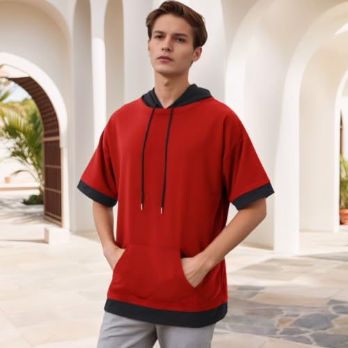 Mens Short Sleeve Hoodie Soft Cotton Color Block Moisture Wicking Big Pocket Streetwear Short Sleeve Sweatshirt