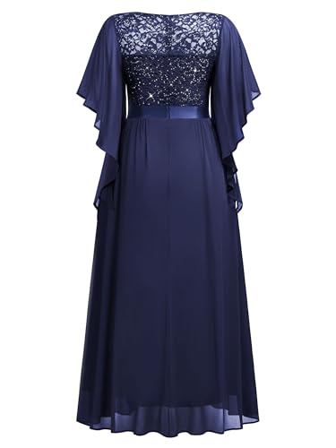 Women's Plus Size Sequin Lace with Ruffle Cape Cloak Sleeves Elegant Evening Wedding Party Maxi Dress