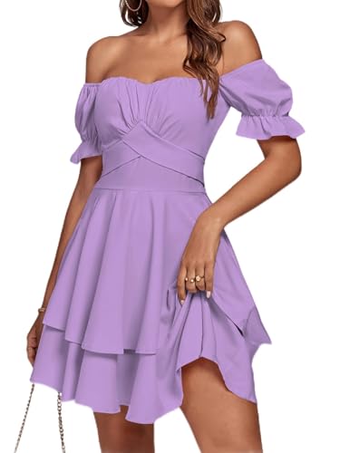 Women's Tie Back Off Shoulder Wrap Layer Ruffle Short Sleeve Mini Dress