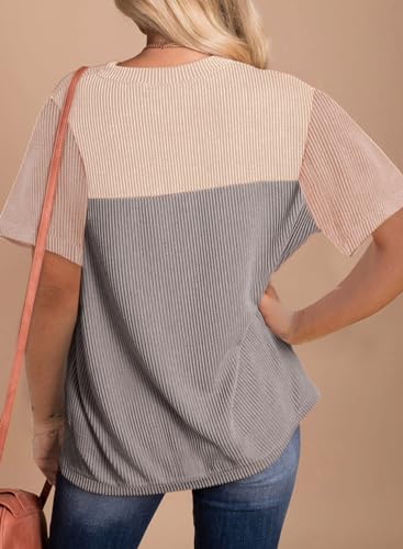 Womens Color Block Fashion Short Sleeve Crewneck Knitted Spring Summer Casual Loose T Shirts Tops