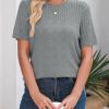 Womens Summer Tops Dressy Casual Crewneck Short Sleeve Shirts Solid Hollow Out Knit Loose Sweater Blouses
