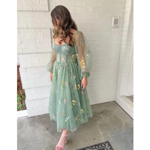Women's Puffy Sleeve Prom Dresses Fair Flower Embroidery Tulle Green Formal Evening Party Gowns