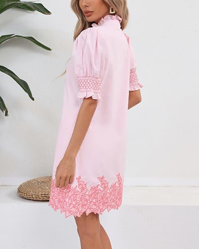 Women's Summer Embroidered Mini Dress Short Puff Sleeve Ruffle Collar Button Front Shift Dress