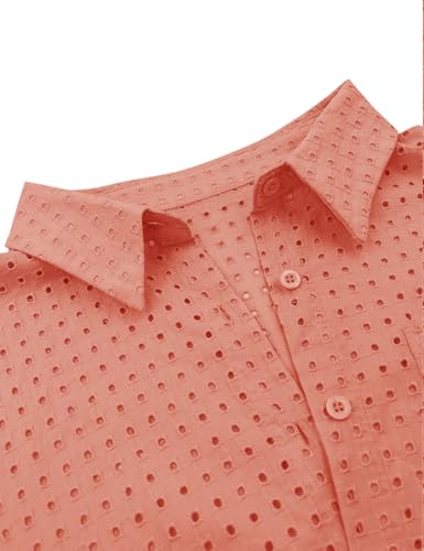 Women's Casual Button Down Shirts Dressy Hollow Out Long Sleeve Blouses Tops with Pockets
