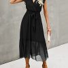 Women Summer Bohemian Floral Casual Wrap V Neck Ruffle Cap Sleeveless Belt A-Line Pleated Hem Midi Sun Dress White
