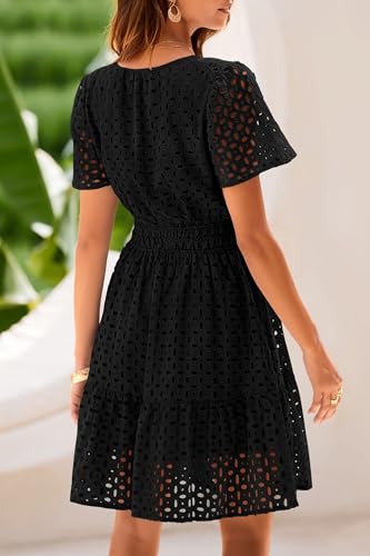 2025 Women Summer Short Dress V Neck Short Sleeve A Line Hollow Out Lace Ruffle Cute Casual Beach Party Dresses