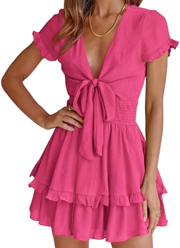Women Summer Mini Short Dress 2025 Short Sleeve Casual Beach Vacation Sundress V Neck Tiered Sun Dresses