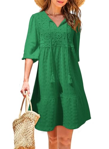 Womens Dresses Summer V Neck Drawstring Embroidered Half Sleeve Mini Dress Boho Dresses for Women 2025 Sundresses