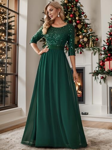Women's Elegant A Line Crew Neck Half Sleeve Sequin Maxi Evening Dress 00683