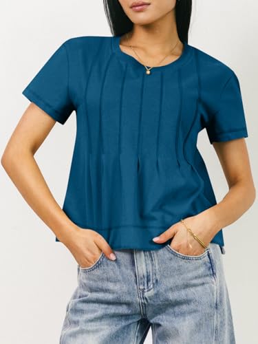 41QQKk4p2cL.jpg Womens Babydoll Tops Short Sleeve Peplum Pleated Summer T-Shirts Casual Loose Fit Flowy Tshirts 2025