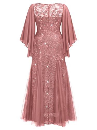 Women's Plus Size Sequins Lace with Ruffle Cape Cloak Sleeves Tulle Mermaid Hemline Evening Prom Long Dress