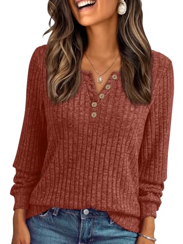 41Qw-Ou3EhL.jpg Long Sleeve Henley Shirts Women's Business Casual Lightweight Tunic Sweater Tops
