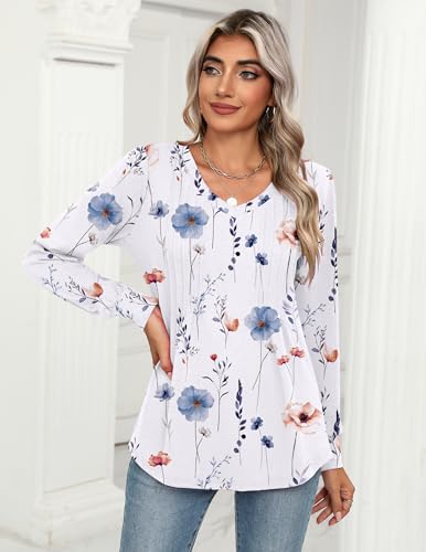 Women's Puff Long Sleeve Shirts Pleated V Neck Fall Tunic Tops Blouse Dressy Casual Loose Summer T-Shirts