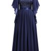 Women's Plus Size Sequin Lace with Ruffle Cape Cloak Sleeves Elegant Evening Wedding Party Maxi Dress