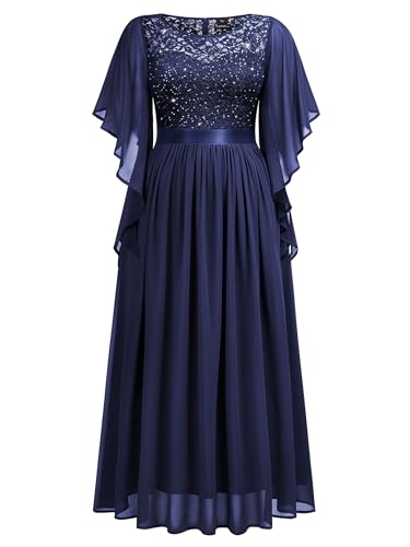 Women's Plus Size Sequin Lace with Ruffle Cape Cloak Sleeves Elegant Evening Wedding Party Maxi Dress