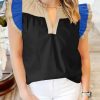 Womens Ruffle Color Block Tank Tops Summer Casual Dressy V Neck Pleated Blouse Loose Fit Sleeveless Shirts