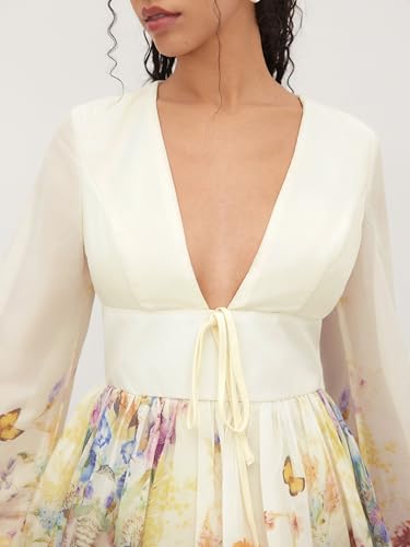 Dresses for Women Floral Print V Neck Long Sleeve High Waist Knotted Ruffle A Line Mini Dress