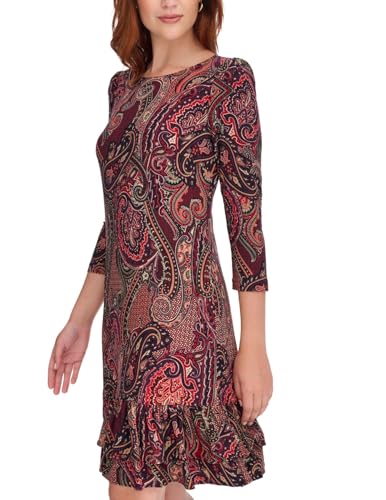 41SitPWQCjL.jpg Women's 3/4 Sleeve High Neck Ruffle Trim Jersey Mini Dress