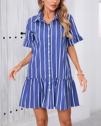 41T5Hb7sh8L.jpg Women's Cotton Linen Ruffle Mini Dress Short Sleeve Button Down Drop Waist Tunic Shirt Dress