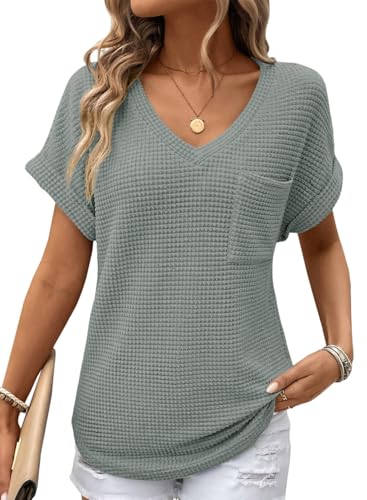 Womens Waffle Knit Tops 2025 Fall Summer V Neck Shirts Casual Trendy Women's Blouses Basic Tee