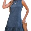 Womens Summer Dresses Sleeveless Tie Back High Crew Neck Ruffle Mini Short Dress