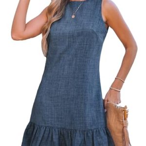 Womens Summer Dresses Sleeveless Tie Back High Crew Neck Ruffle Mini Short Dress