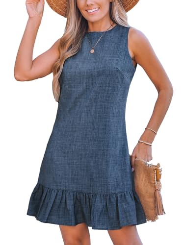 Womens Summer Dresses Sleeveless Tie Back High Crew Neck Ruffle Mini Short Dress