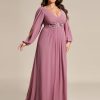 Women's Floor Length V Neck Lantern Sleeves Applique Mother of The Bride Dress Plus Size Formal Dresses