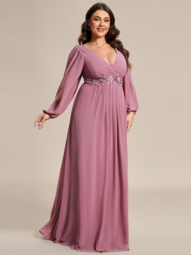 Women's Floor Length V Neck Lantern Sleeves Applique Mother of The Bride Dress Plus Size Formal Dresses