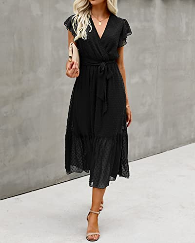 Women Summer Bohemian Floral Casual Wrap V Neck Ruffle Cap Sleeveless Belt A-Line Pleated Hem Midi Sun Dress White