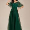 Women's Formal Dresses Crew Neck Sequin Ruffle Sleeve Empire Waist Beaded Long Evening Dresses 00904