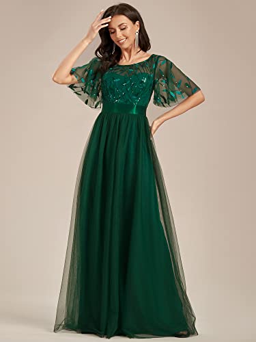 Women's Formal Dresses Crew Neck Sequin Ruffle Sleeve Empire Waist Beaded Long Evening Dresses 00904