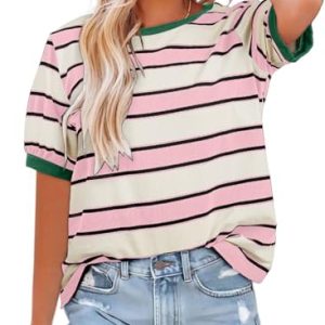 Womens Summer Tops 2025 Striped Color Block Short Sleeve T-Shirts Crewneck Casual Loose Basic Tee Blouses