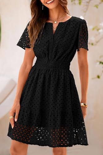2025 Women Summer Short Dress V Neck Short Sleeve A Line Hollow Out Lace Ruffle Cute Casual Beach Party Dresses