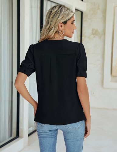 Womens Dressy Casual Tops Keyhole Business Work Blouses Pleated Puff Sleeve Summer Shirts